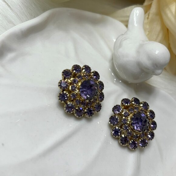 WEISS FAUX AMETHYST RHINESTONE CLIP EARRINGS - Picture 6 of 9